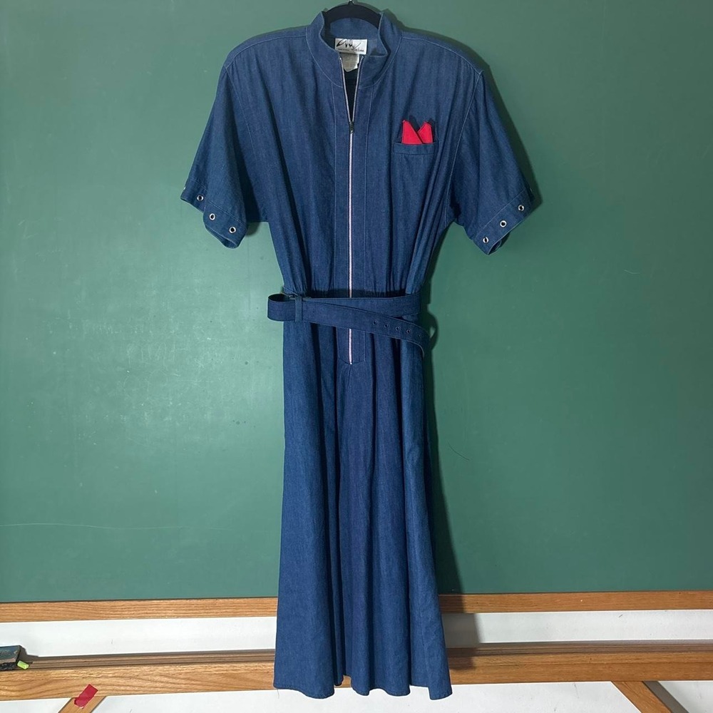 Vintage Willi of California Navy Denim Dress Red Pocket Zip Front Belted 12
